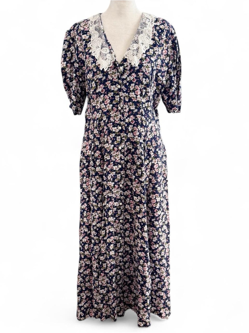Vintage Jonathan Martin Navy Floral Lace-Collar Dress – Size 13/14